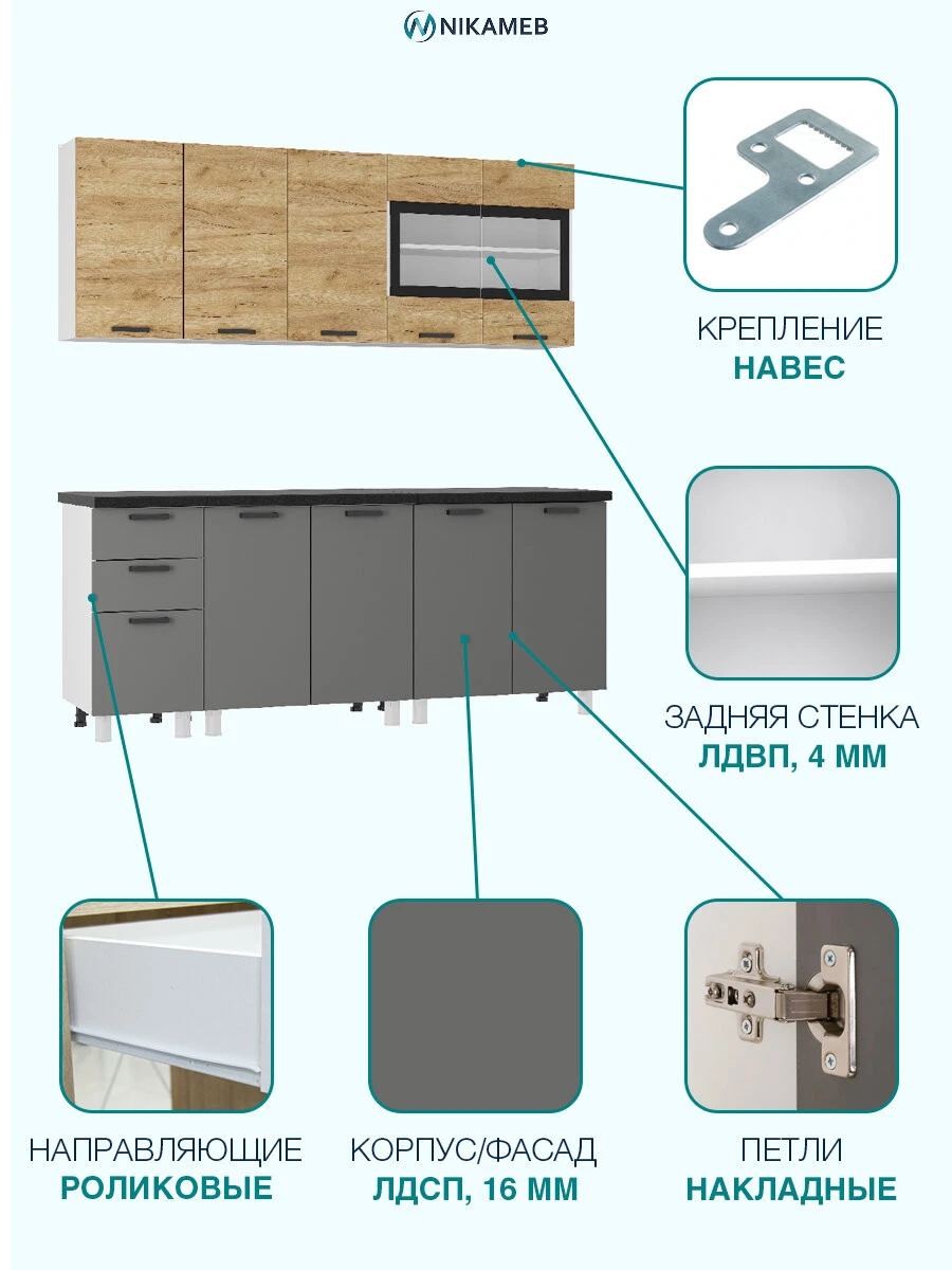 Кухонный гарнитур Крафт тип 2 200 см, ЛДСП, графит / черный янтарь, прямая кухня